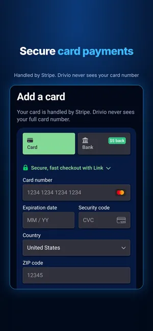 Drivio screen for secure card payments