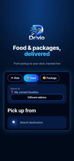 Drivio screen for food and package delivery